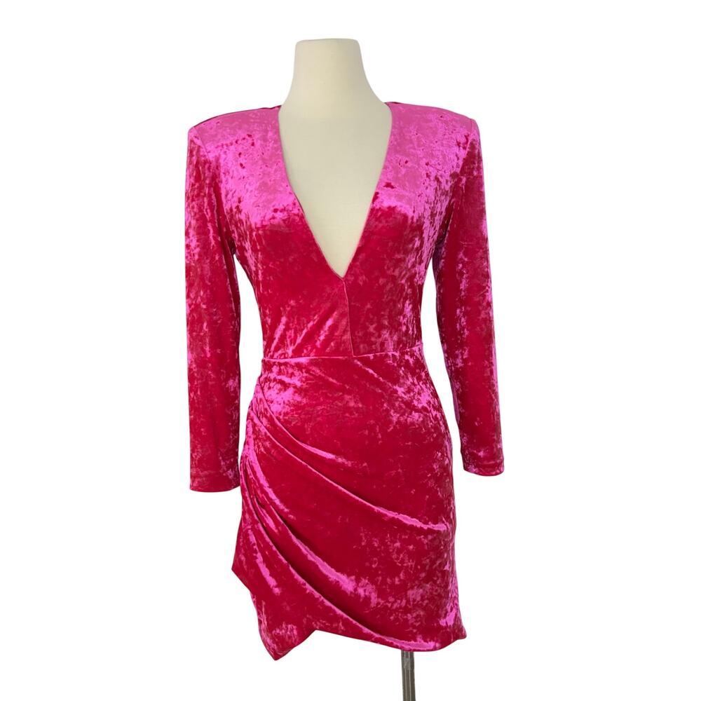 Ronny Kobo Crushed Velvet Mini Dress Plunging Neckline Pink M